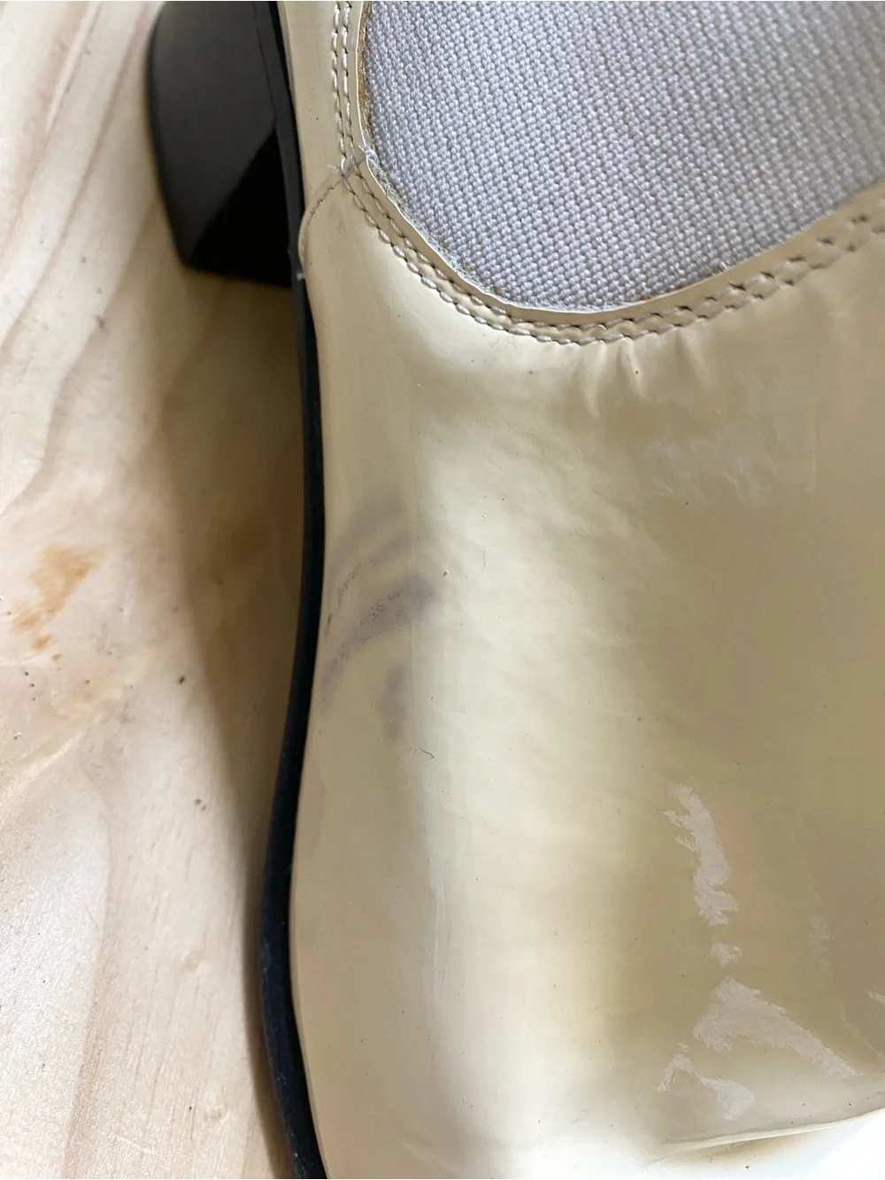 CHANEL Cream Patent Leather Chelsea Booties with Black Block Heel